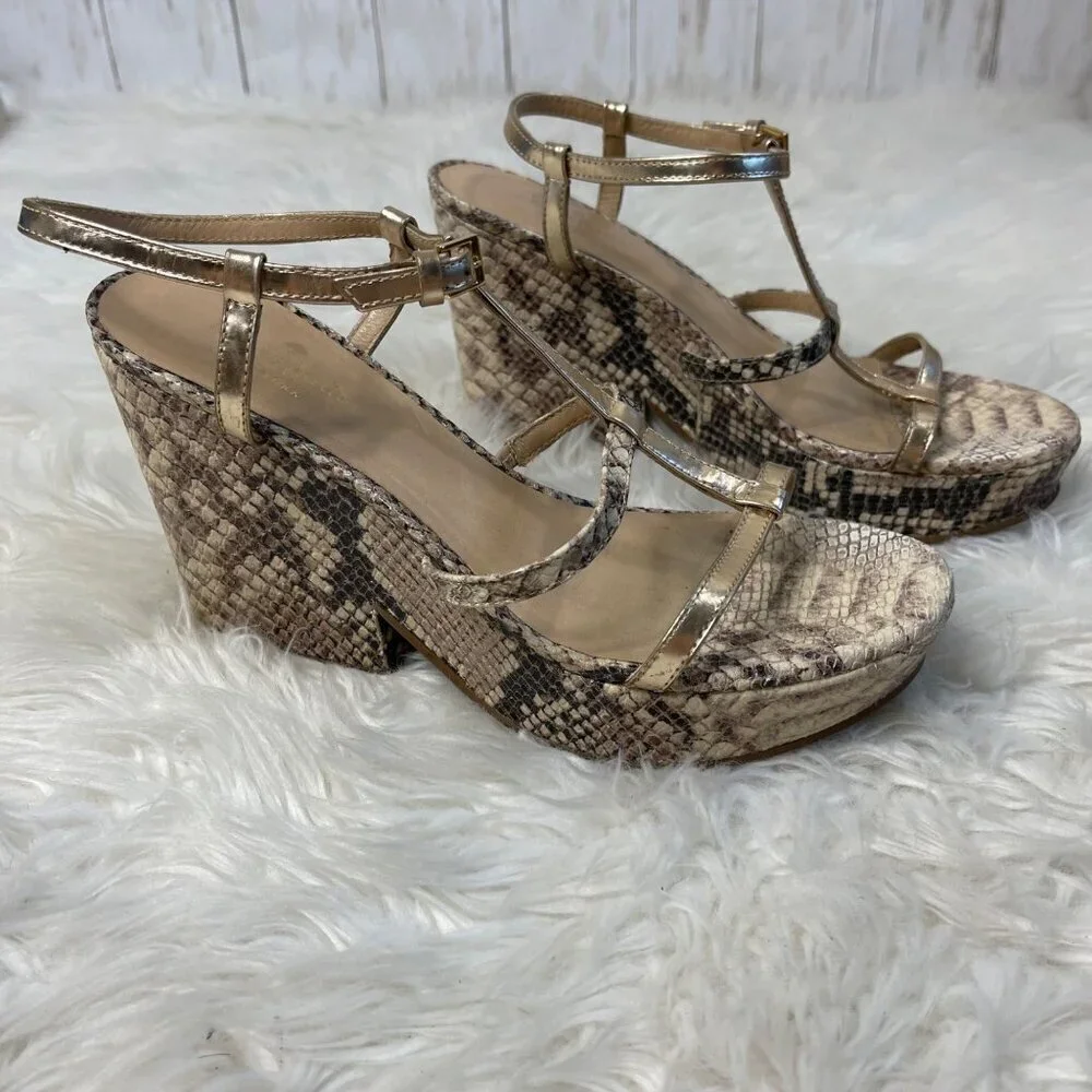 Kate Spade Venezia Heels 7.5 Tan Snake Print Strappy Platform Open Toe Italy